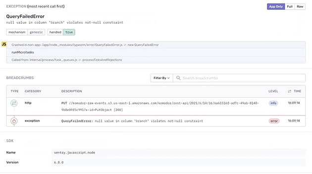 sentry-exception-komodor-microservice-timeline-kubernetes-troubleshooting-feature-flags-queryfailederror-breadcrumbs