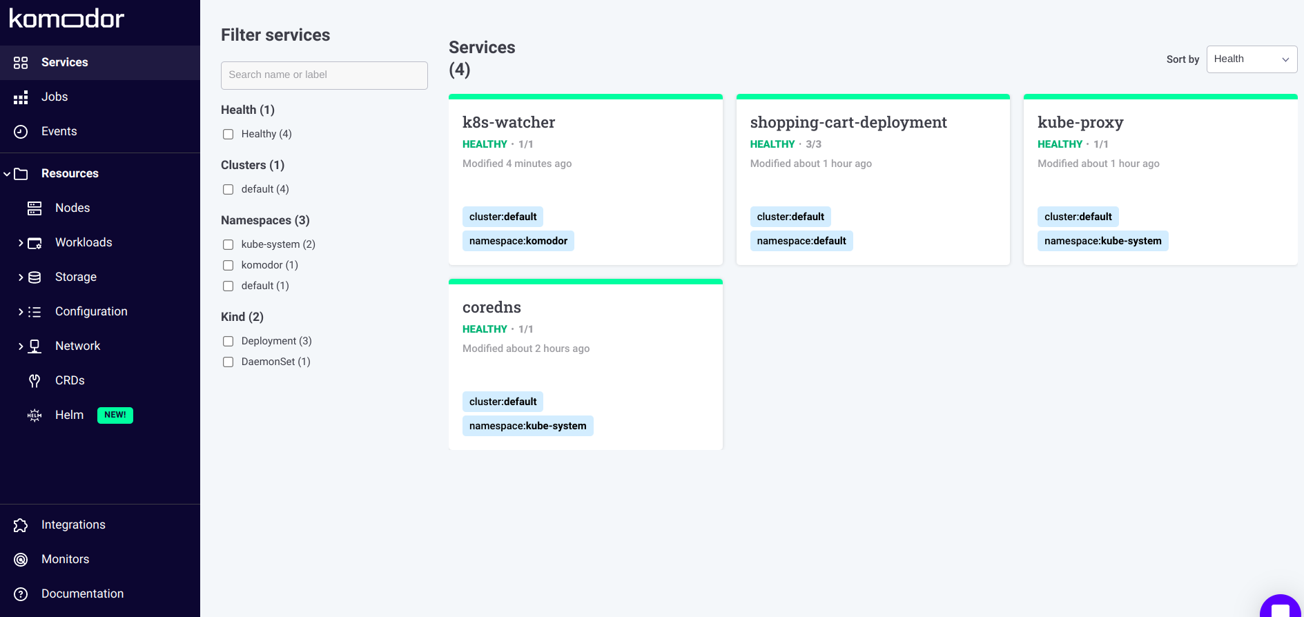 Kubernetes services view on Komodo dashboard